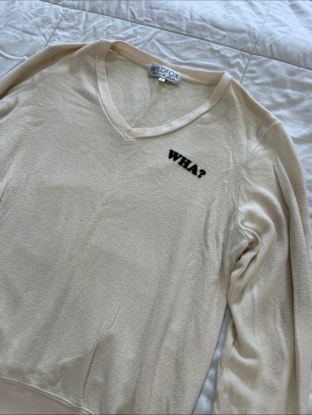 Wildfox Cream V-Neck Sweater with Black "WHA?" Patch